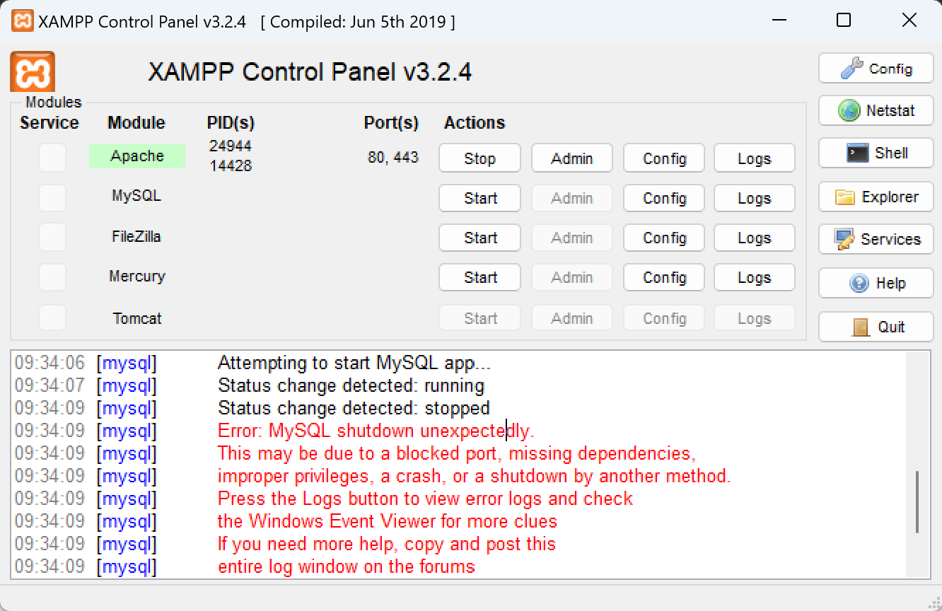 MySQL Shutdown unexpectedly, this may be due blocked port